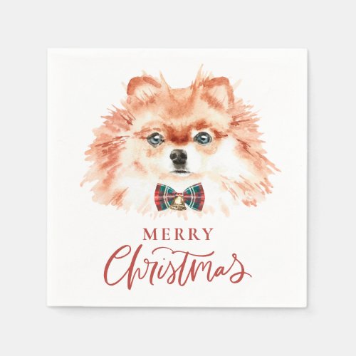 Cute Watercolor Pomeranian Dog Merry Christmas Napkins