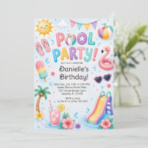 Cute Watercolor Pool Party Birthday 