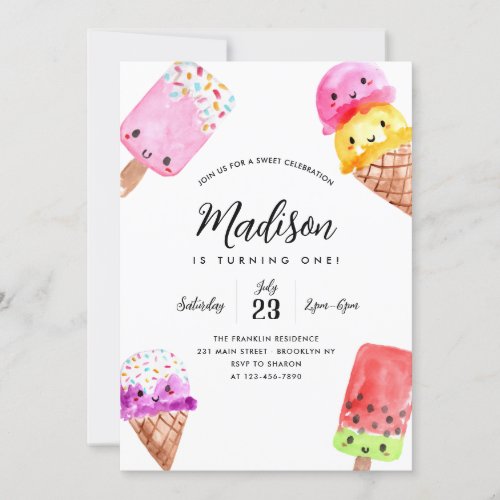 Cute Watercolor Popsicle Cone Ice Cream Birthday Invitation