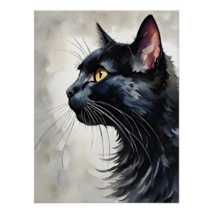 Cute Watercolor Portrait of Black Cat Profile Pose Poster