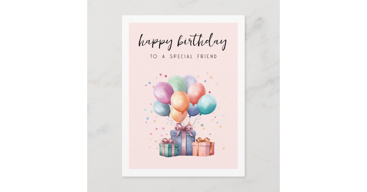 Cute Watercolor Presents Balloons Friend Birthday Postcard | Zazzle