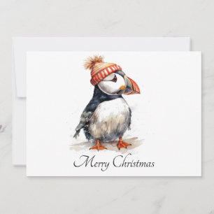 Cute Watercolor Puffin Winter Hat Christmas Card