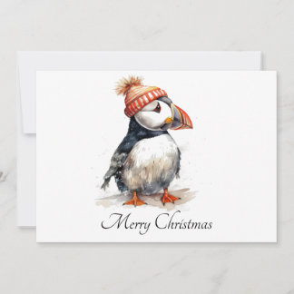 Cute Watercolor Puffin Winter Hat Christmas Card