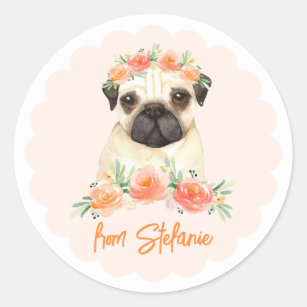 Cute Watercolor Pug and Peach Flowers Birthday Classic Round Sticker