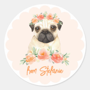 Cute Watercolor Pug and Peach Flowers Birthday Classic Round Sticker