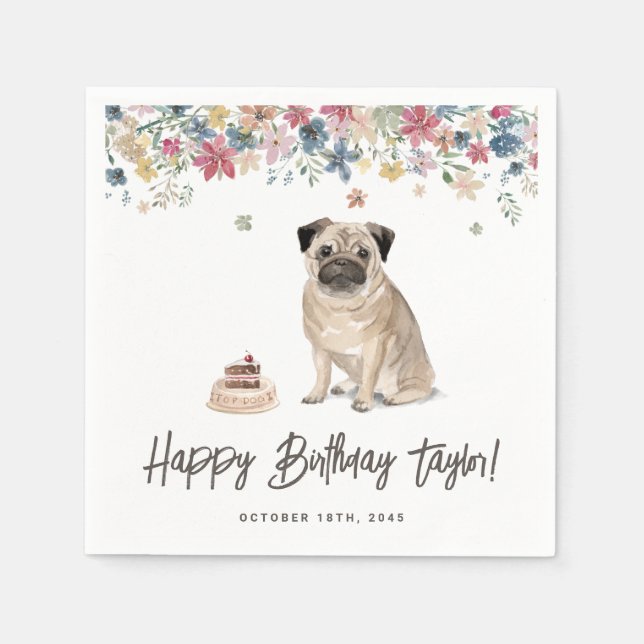 Cute Watercolor Pug Dog Birthday Party Napkins (Front)