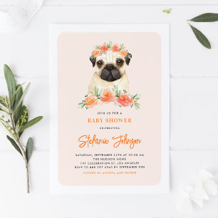 Cute Watercolor Pug Peach Floral Baby Shower Invitation
