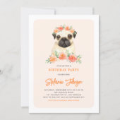Cute Watercolor Pug Peach Floral Kids Birthday Invitation (Front)