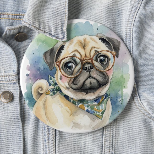 Cute Watercolor Pug with Glasses Button (In Situ)