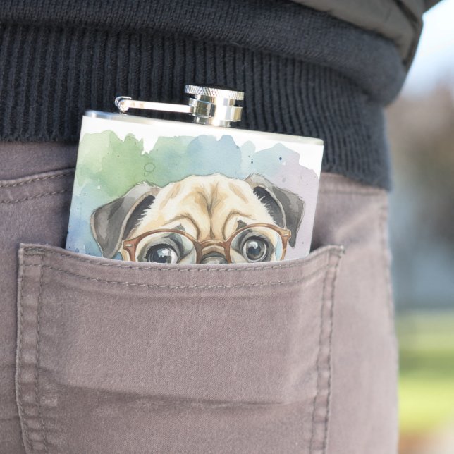 Cute Watercolor Pug with Glasses Flask (In Situ)
