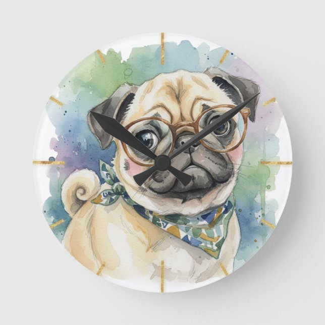 Cute Watercolor Pug with Glasses Round Clock (Front)