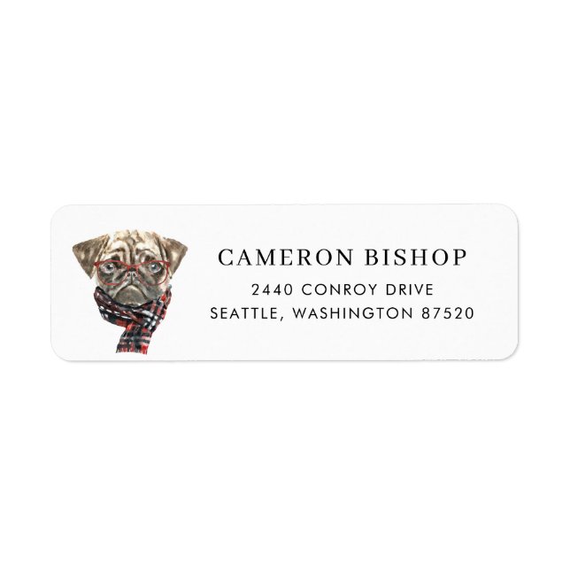 Cute Watercolor Pug with Scarf Christmas Address Label (Front)