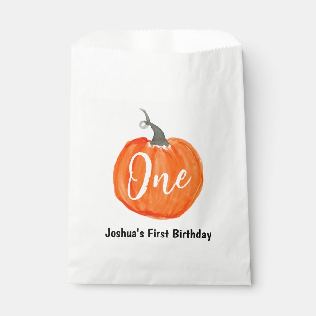 Cute watercolor pumpkin first birthday favor bag (Front)