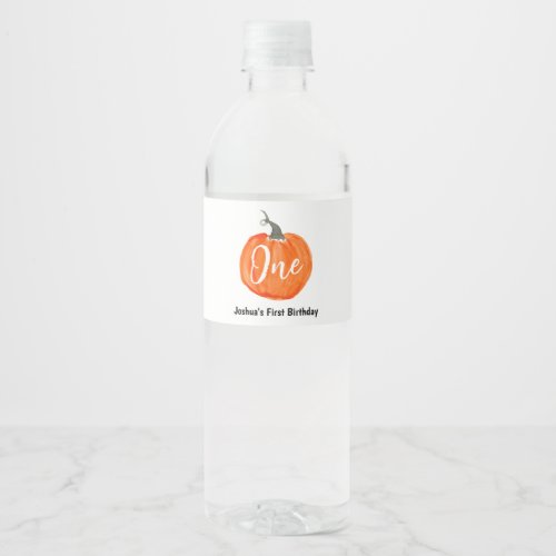 Cute watercolor pumpkin first birthday water bottle label