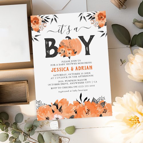 Cute Watercolor Pumpkin Its a Boy Baby Shower Invitation