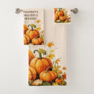 Cute Watercolor Pumpkin Thankful Grateful Blessed Bath Towel Set