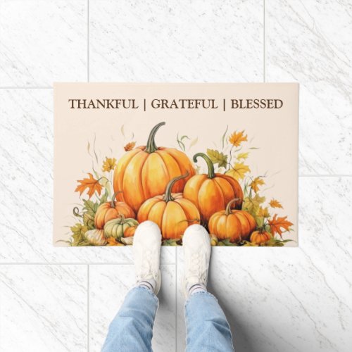 Cute Watercolor Pumpkin Thankful Grateful Blessed Doormat