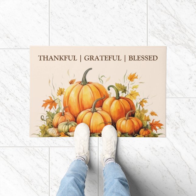 Cute Watercolor Pumpkin Thankful Grateful Blessed Doormat (Indoor)