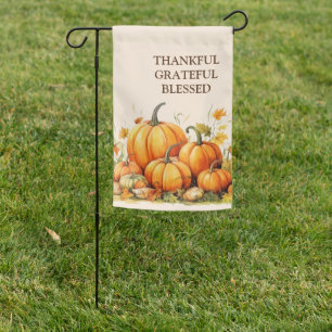 Cute Watercolor Pumpkin Thankful Grateful Blessed Garden Flag