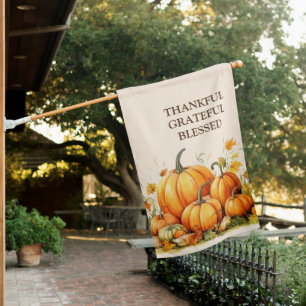 Cute Watercolor Pumpkin Thankful Grateful Blessed House Flag