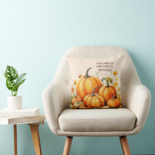 Cute Watercolor Pumpkin Thankful Grateful Blessed Throw Pillow