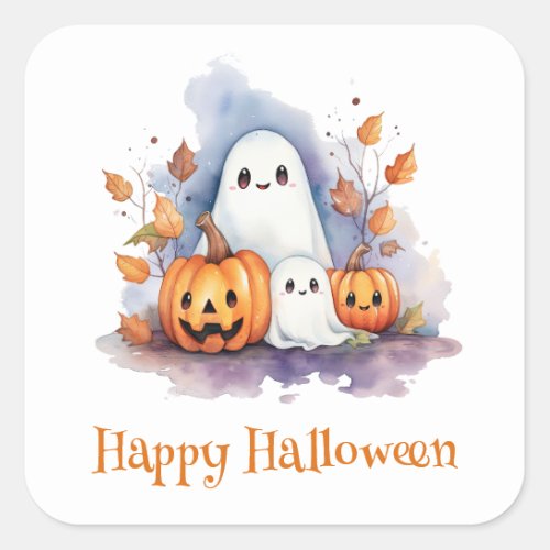 Cute Watercolor Pumpkins Ghosts Happy Halloween  Square Sticker