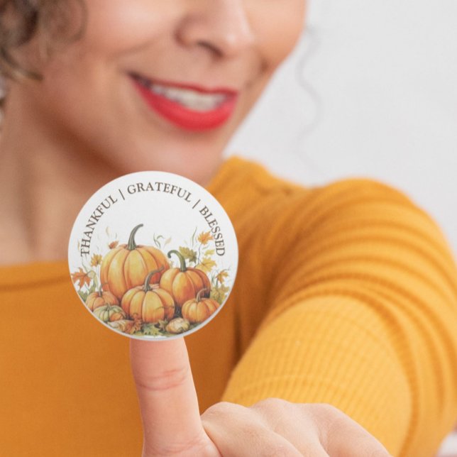 Cute Watercolor Pumpkins Thankful Grateful Blessed Classic Round Sticker (Creator Uploaded)
