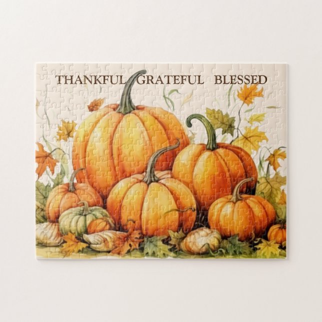 Cute Watercolor Pumpkins Thankful Grateful Blessed Jigsaw Puzzle (Horizontal)