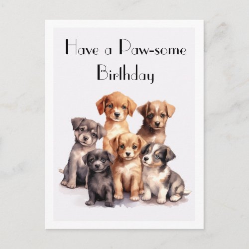 Cute Watercolor Puppies Happy Birthday Paw_some Postcard