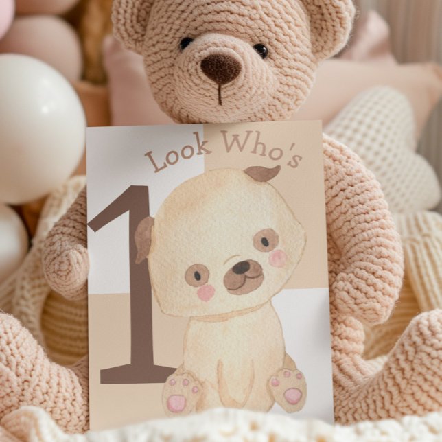 Cute Watercolor Puppy Custom Name 1st Birthday  Card (Creator Uploaded)