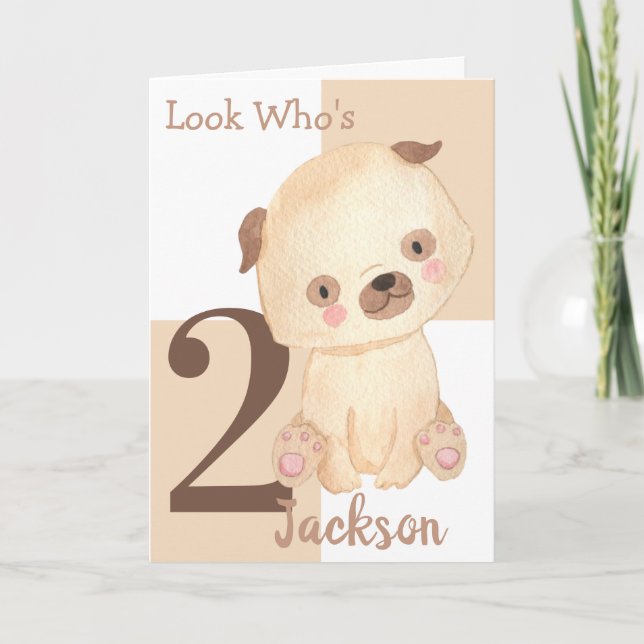 Cute Watercolor Puppy Custom Name 2nd Birthday  Card (Front)