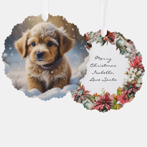 Cute Watercolor Puppy Dog and Floral Wreath Ornament Card