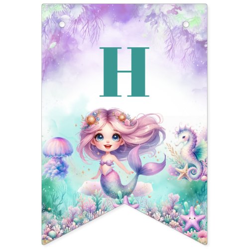 Cute watercolor purple and teal mermaid birthday bunting flags