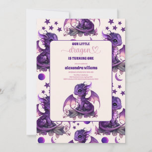 Cute Watercolor Purple Dragon 1st Birthday Invitation