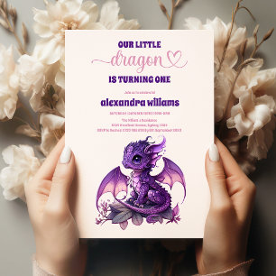 Cute Watercolor Purple Dragon 1st Birthday Invitation