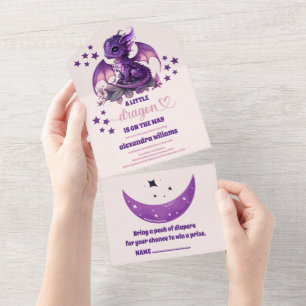 Cute Watercolor Purple Dragon Baby Shower All In One Invitation