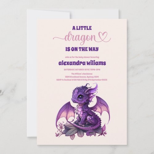 Cute Watercolor Purple Dragon Baby Shower Invitation