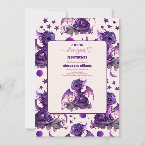 Cute Watercolor Purple Dragon Baby Shower Invitation