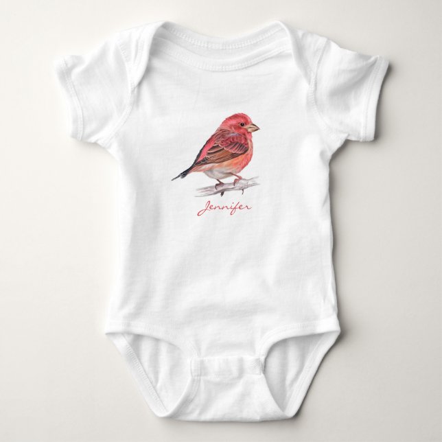 Cute Watercolor Purple Finch Bird Baby Bodysuit (Front)
