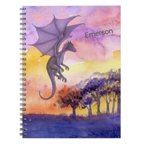 Cute Watercolor Purple Magical Flying Dragon Notebook