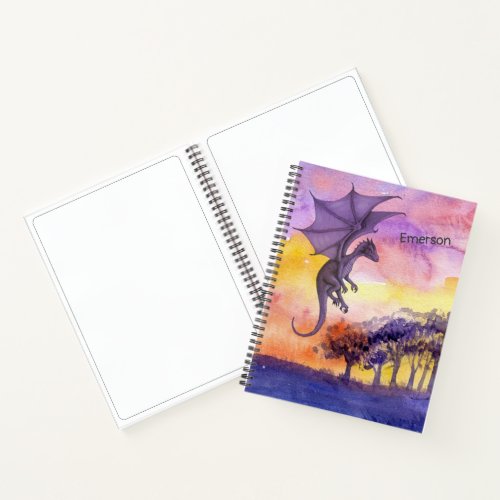 Cute Watercolor Purple Magical Flying Dragon Notebook