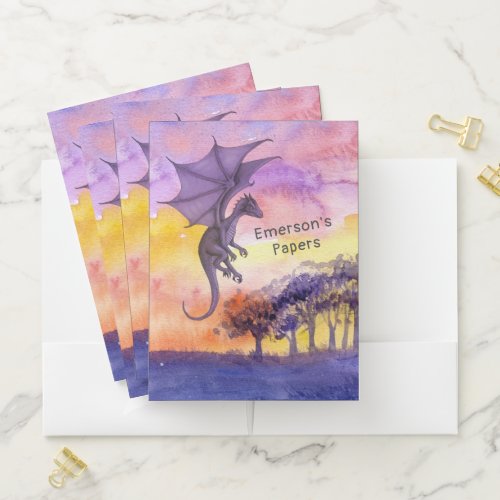Cute Watercolor Purple Magical Flying Dragon Pocket Folder