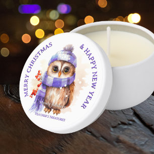 Cute Watercolor Purple Owl Merry Christmas Mini Candle Favors