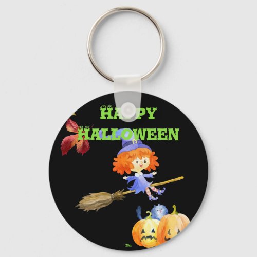 Cute Watercolor Purple Witch Flying Broom Black Keychain