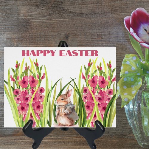 Cute Watercolor Rabbit Among Gladiolus Flowers