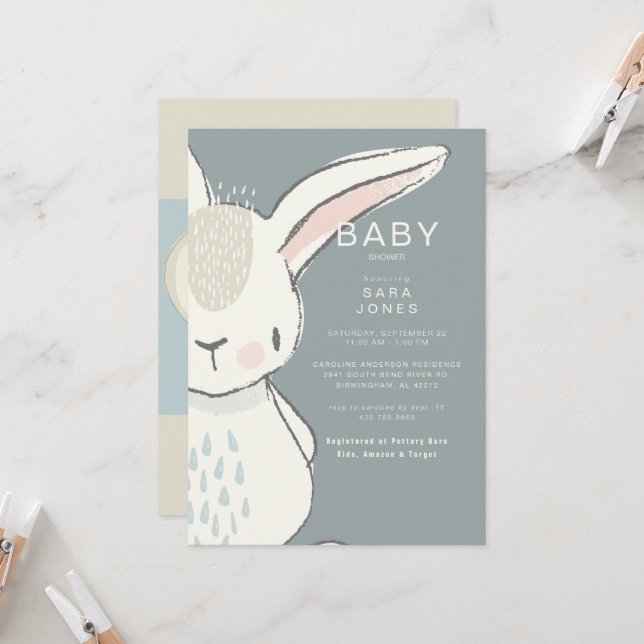 Cute Watercolor Rabbit Baby Shower  Invitation (Front/Back In Situ)