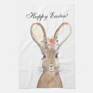 Cute Watercolor Rabbit Bunny Hare Easter Floral Kitchen Towel