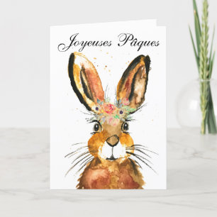 Cute Watercolor Rabbit Bunny Hare Easter Floral Letterpress Thank You Card