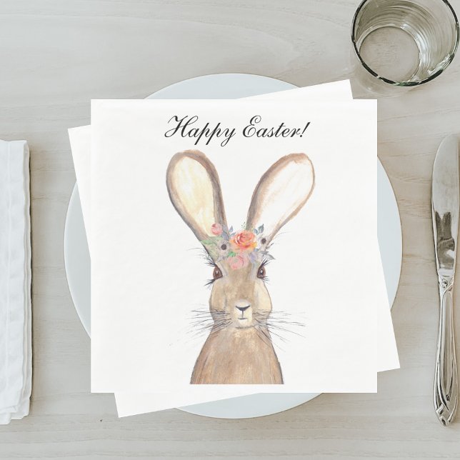 Cute Watercolor Rabbit Bunny Hare Easter Floral Napkins (Creator Uploaded)