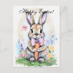 Cute Watercolor Rabbit Bunny Hare Easter Floral Postcard